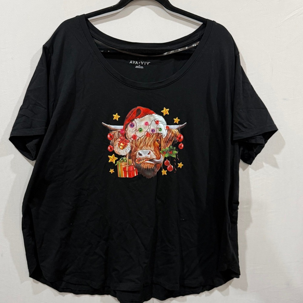 Ava & Viv Womens 3X Black Christmas Highland Cow Santa Hat Graphic T-Shirt